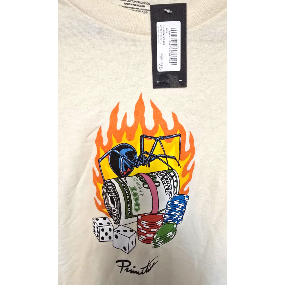 Primitive Skateboarding Shirt Mens Large Cream Casino Money Flames Graphic Tee